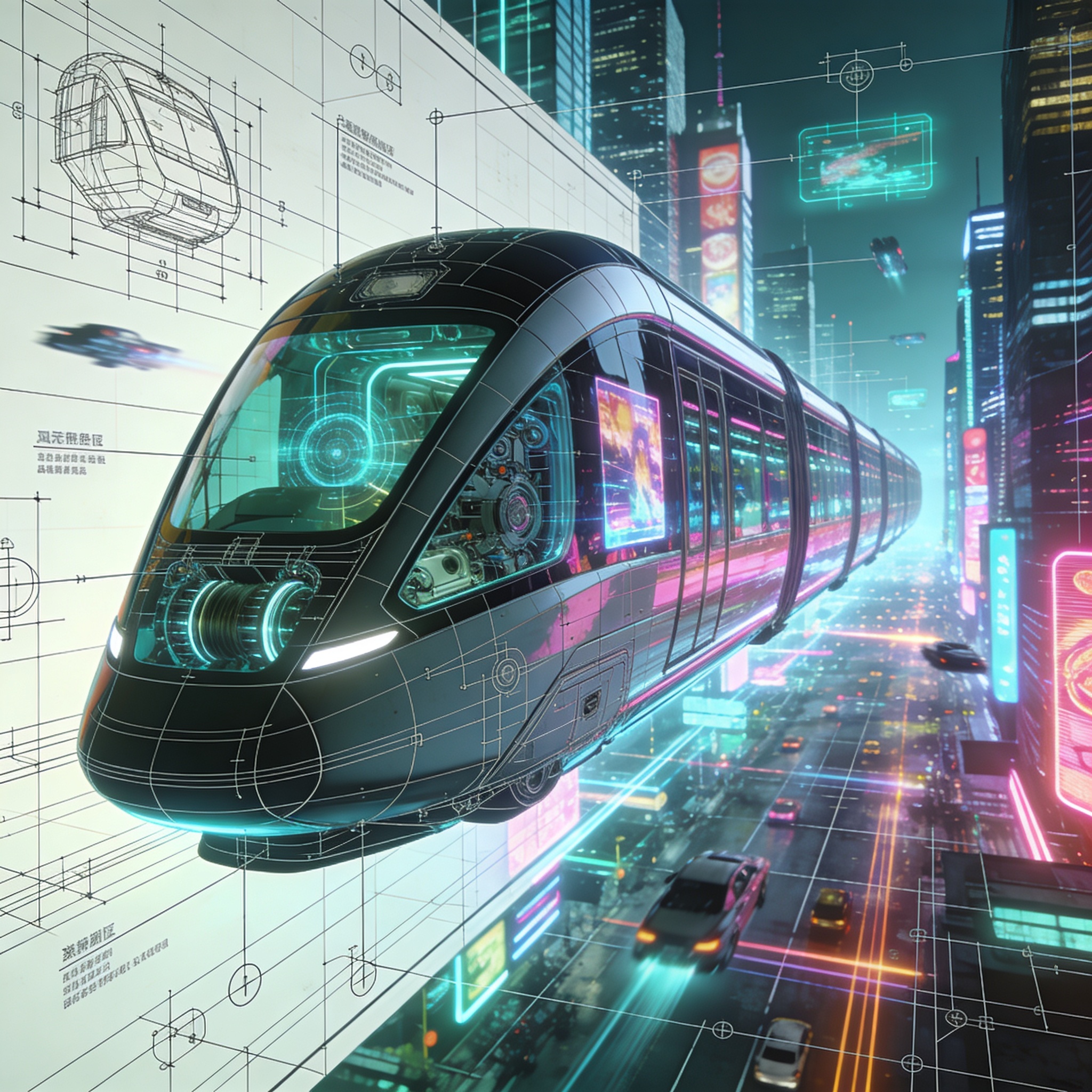 AI-generated concept visualization of a futuristic transit pod above a neon-lit megacity, delivered by the Concept Visualization Generator